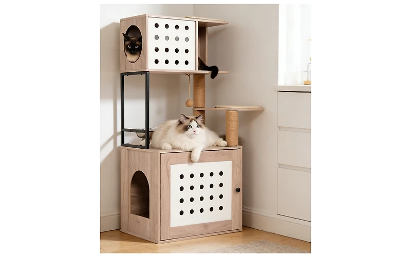 Zeus and Ruta Cat Tree with Litter Box Enclosure with Large Hammock Bed Food Station Scratching Posts Modern Pet Furniture