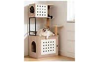 Zeus and Ruta Cat Tree with Litter Box Enclosure with Large Hammock Bed Food Station Scratching Posts Modern Pet Furniture