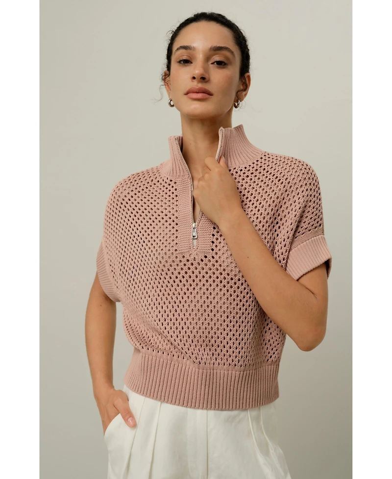 Lilysilk Women's Toscana Pointelle Knit Half-Zip Sweater