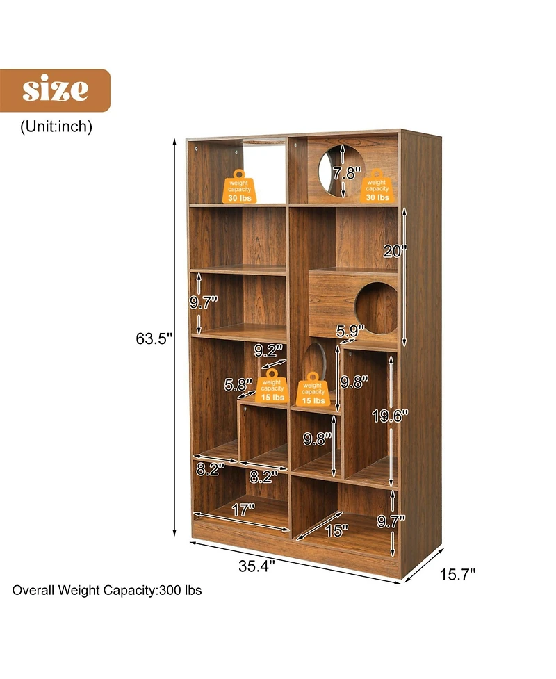 Zeus And Ruta Modern 2 1 Wood Cat Tree Bookshelf House With Storage Display Case Litter Box Enclosure