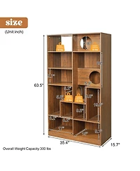 Zeus And Ruta Modern 2 1 Wood Cat Tree Bookshelf House With Storage Display Case Litter Box Enclosure