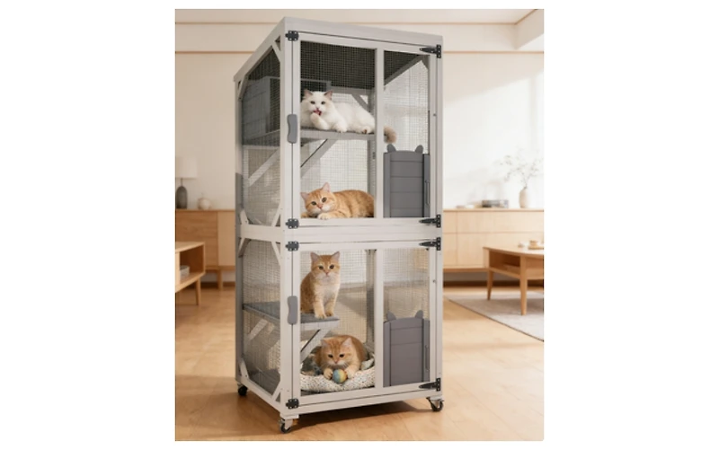 Zeus and Ruta Large Outdoor Cat Enclosure Catio With Wheels Multi Level Wooden Cat House With Platforms Lockable Doors