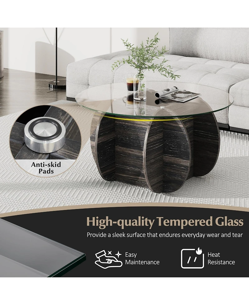 Slickblue Round Coffee Table Tempered Glass Wood Base
