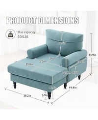 Rainsken Extra Large Chenille Chaise Lounge, Modern Reclining Single Sofa with Wooden Legs and Side Pockets for Living Room, Bedroom