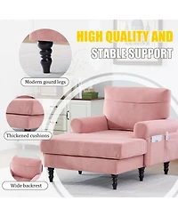 Rainsken Large Chenille Leisure Recliner Chaise Lounge, Stylish Single Sofa Chair with Wooden Legs and Side Pockets for Living Room, Bedroom