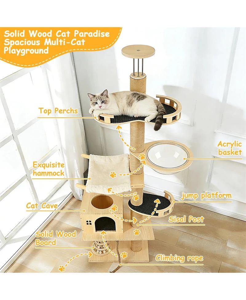 Zeus and Ruta Floor To Ceiling Cat Tree 6 Level Adjustable Height Climbing Tower Thickened Scratching Posts Transparent Capsule Cozy Hammock
