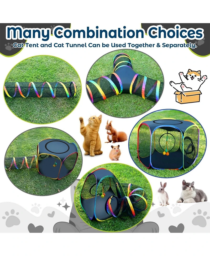 Zeus and Ruta Portable Cat Enclosure 7-in-1 Outdoor Catio Tent Tunnel Foldable Playpen Indoor Storage Bag Rainbow