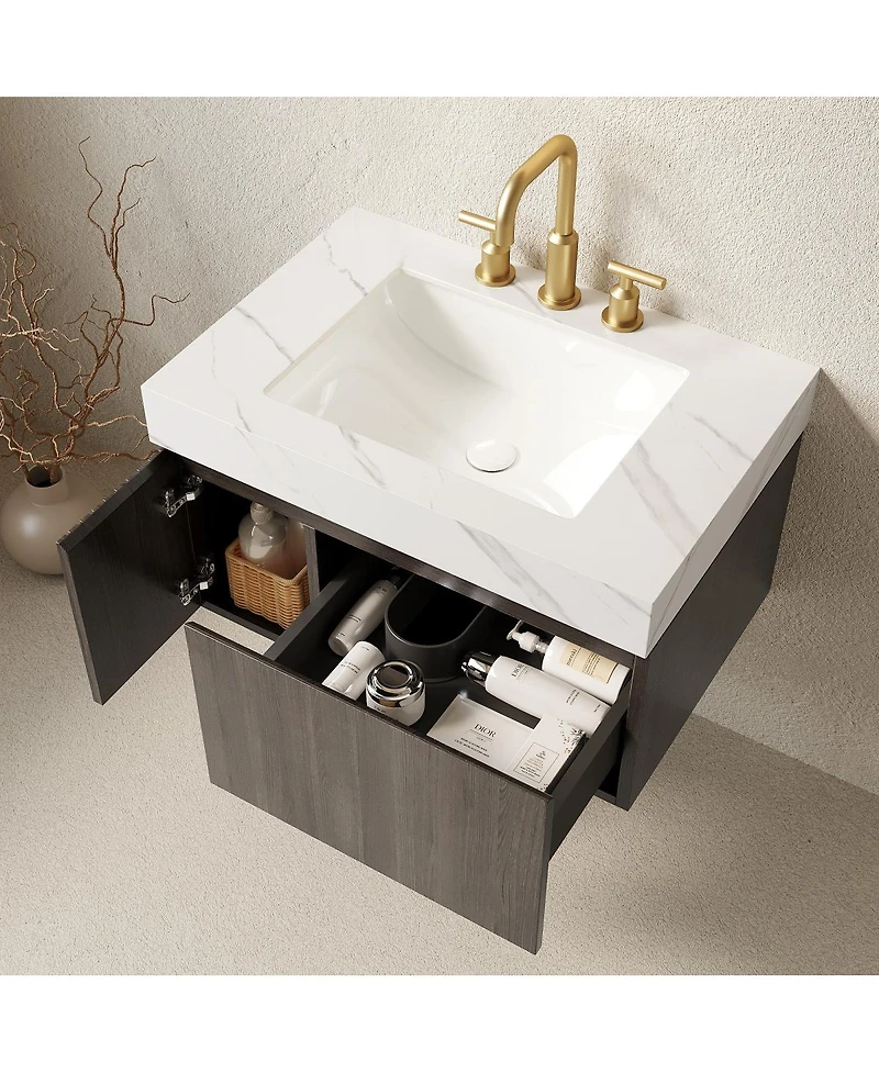 Sillysis 30" Wall Mounted Bathroom Vanity with Carrara Sintered Stone Top, Ceramic Undermount Sink, Soft Close Drawer and Door