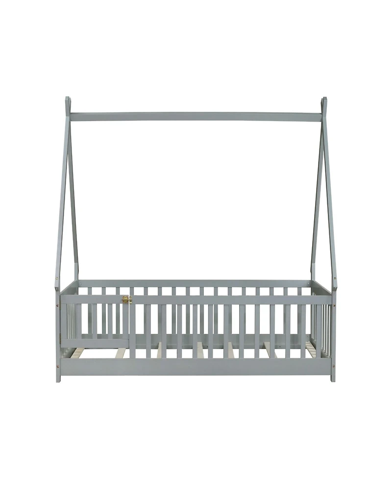 Clihome Twin Tent-shaped Floor Bed,Teepee Bed with Guardrails,Slats and Door