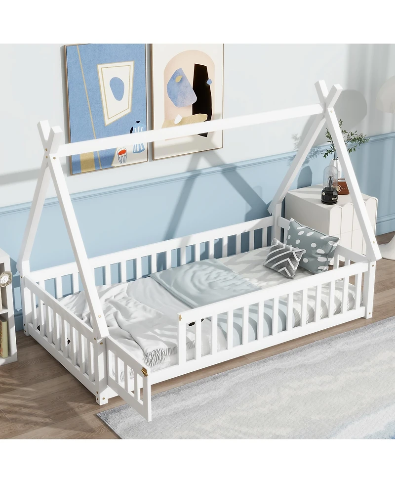 Clihome Twin Tent-shaped Floor Bed,Teepee Bed with Guardrails,Slats and Door