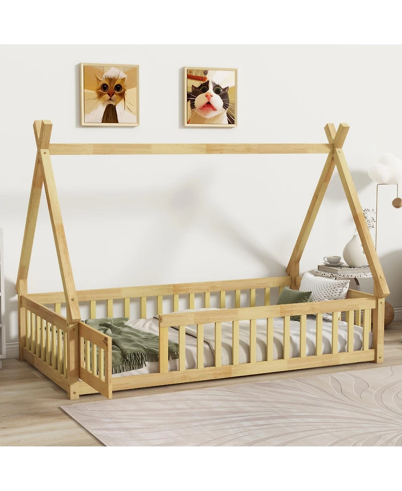 Clihome Twin Tent-shaped Floor Bed,Teepee Bed with Guardrails,Slats and Door