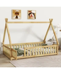 Clihome Twin Tent-shaped Floor Bed,Teepee Bed with Guardrails,Slats and Door