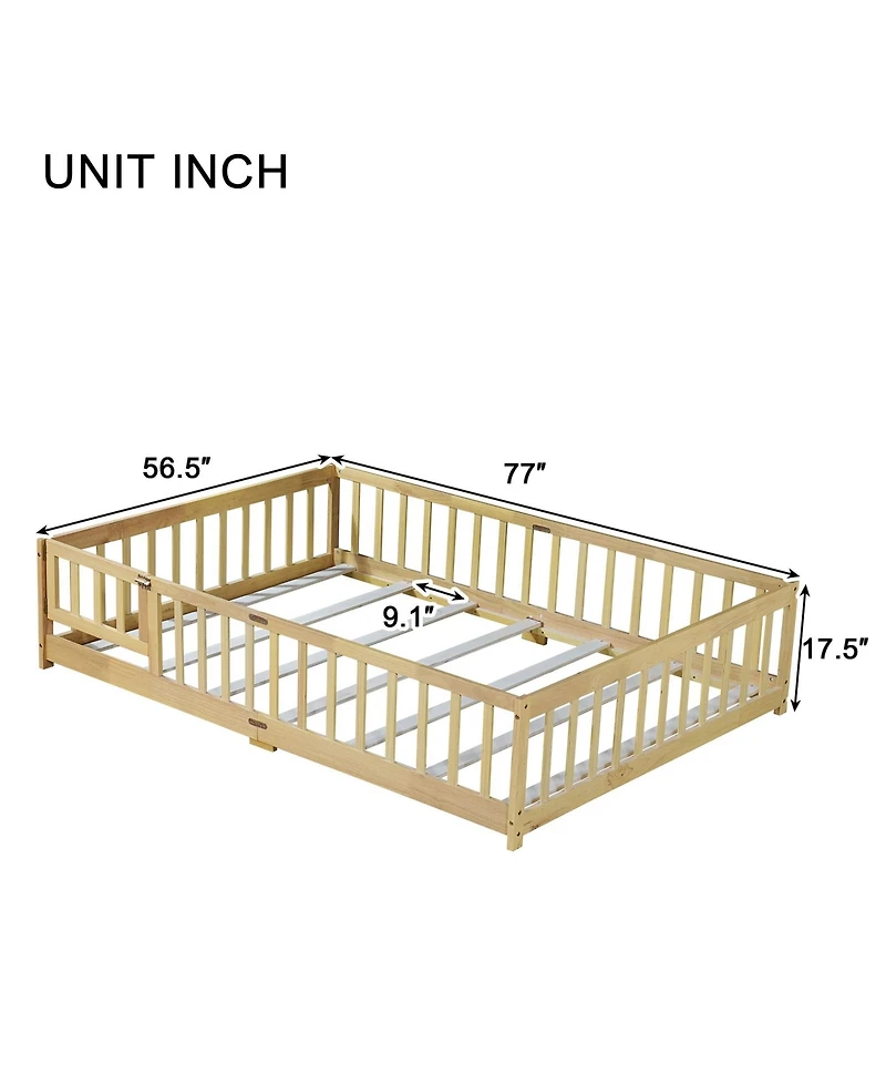 Clihome Full Floor Bed with Fence and Door,Rubber Wood Safety Guardrails