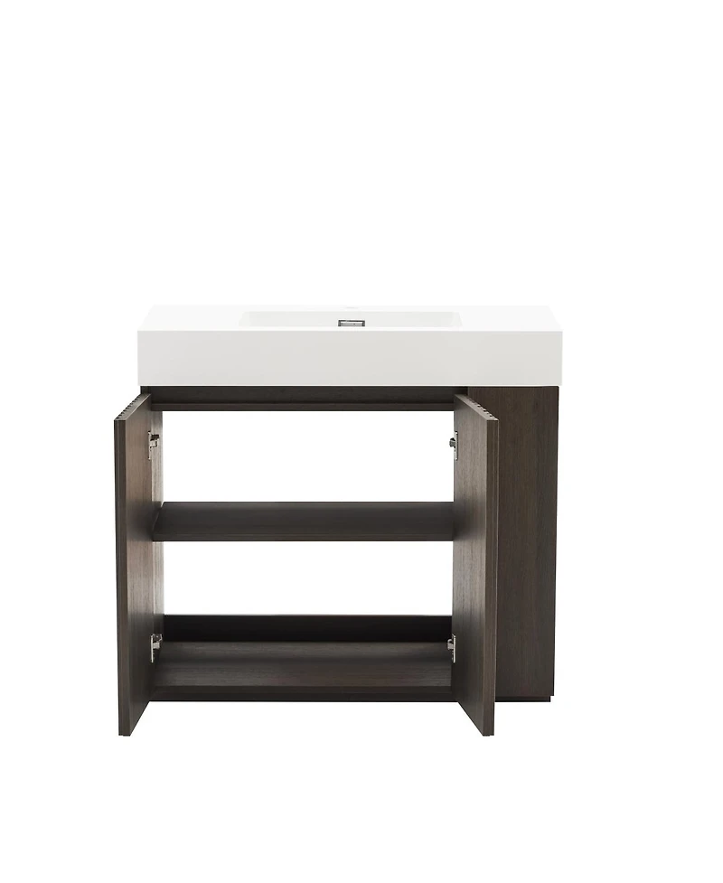 Sillysis Modern Bathroom Vanity with Quartz Sink, Soft-Close Doors, Open Shelf Storage, Winston Walnut Mid-Century Fluted Cabinet