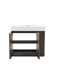 Sillysis Modern Bathroom Vanity with Quartz Sink, Soft-Close Doors, Open Shelf Storage, Winston Walnut Mid-Century Fluted Cabinet