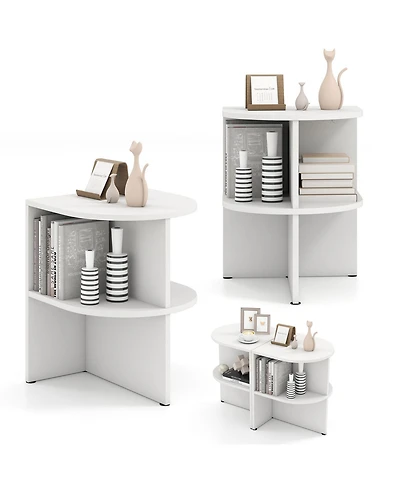 Gymax 2PCS Half Round Side Table 2-tier Wooden Nightstand with Open Storage Shelves