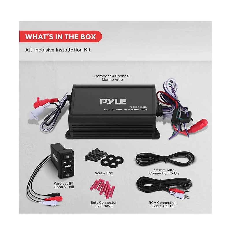 Pyle 4-Ch. Waterproof Rated Marine Amplifier Kit with Wireless Bt Control and Rca Input (PLUTVRKBT200X4)