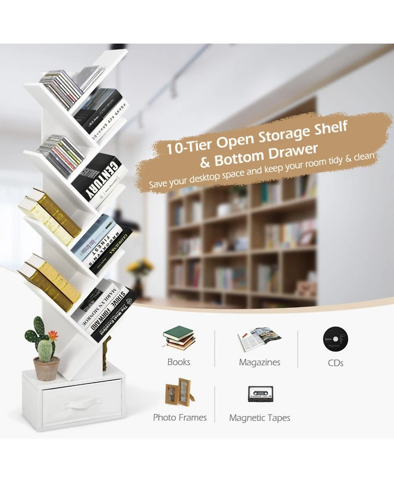 Gouun 10-Tier Tree-Shaped Bookshelf with Fabric Drawer