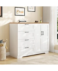 gaomon 43.3'' H Armoire Wardrobe Closet with 4 Drawers and 2 Doors, Hanging Rod, Multifunctional Wooden Dresser with Storage Closet