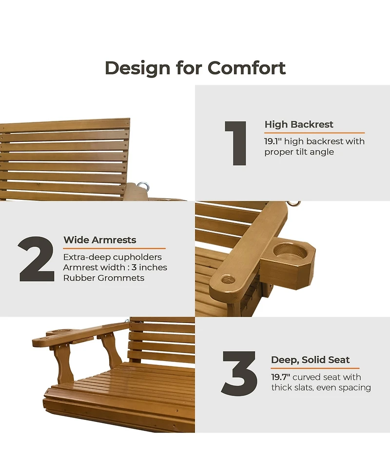 Mega Casa 2-Seater 4.5 Ft Large Wooden Porch Swing for Outdoor Patio Garden