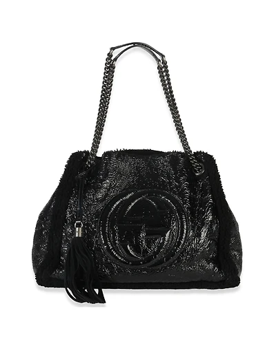 Pre-Owned Gucci Black Patent Shearling Medium Soho Hobo