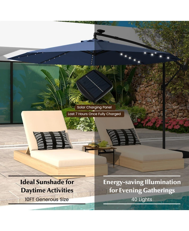 Gouun 10 ft Solar Led Cantilever Patio Umbrella with 40 Lights Cross Base and Tilt