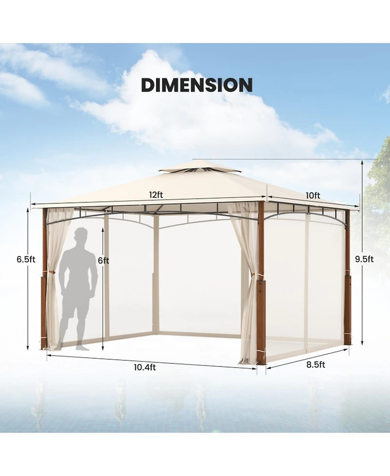 Gouun 12 x 10 ft Outdoor Patio Gazebo with Mesh Netting Two-Tier Vented Roof and Stakes