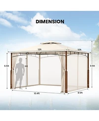Gouun 12 x 10 ft Outdoor Patio Gazebo with Mesh Netting Two-Tier Vented Roof and Stakes