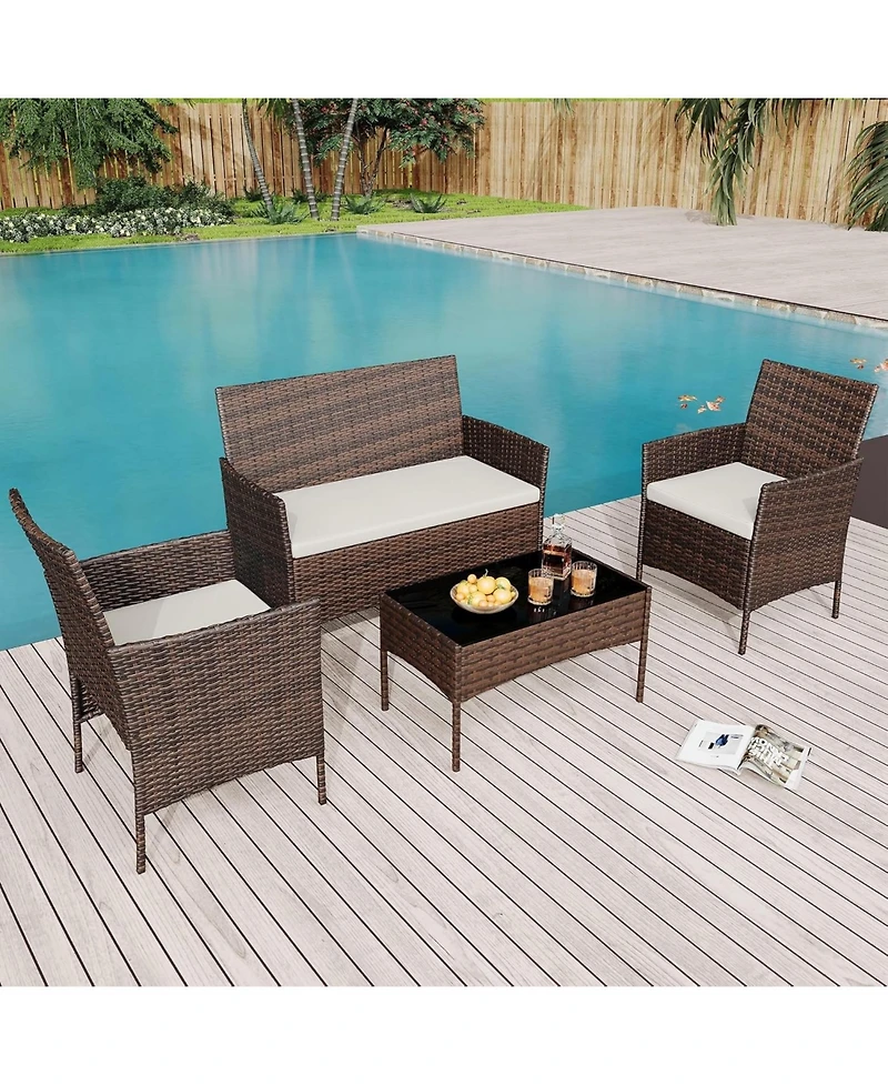 gaomon 4-Piece All-Weather Pe Patio Bistro Set, Cushions and Glass Table