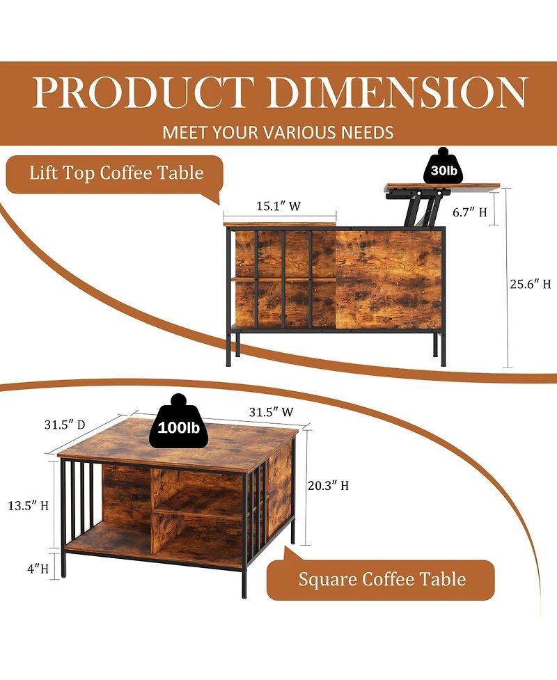 Rainsken Square Lift-Top Coffee Table, Farmhouse Center Table with Hidden Compartment and Storage Shelves for Living Room