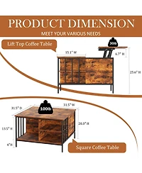 Rainsken Square Lift-Top Coffee Table, Farmhouse Center Table with Hidden Compartment and Storage Shelves for Living Room