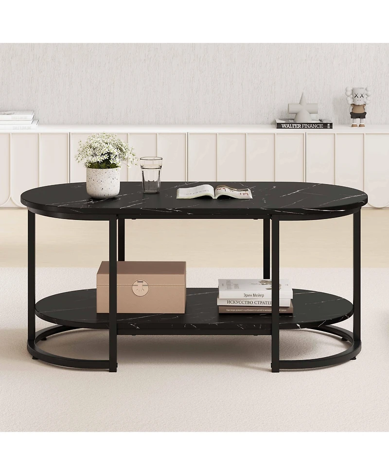 Slickblue Marble Coffee Table with Open Storage Shelf-White