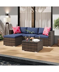 gaomon 5-Piece All-Weather Wicker Patio Sectional Sofa Set with Ottoman and Glass Table