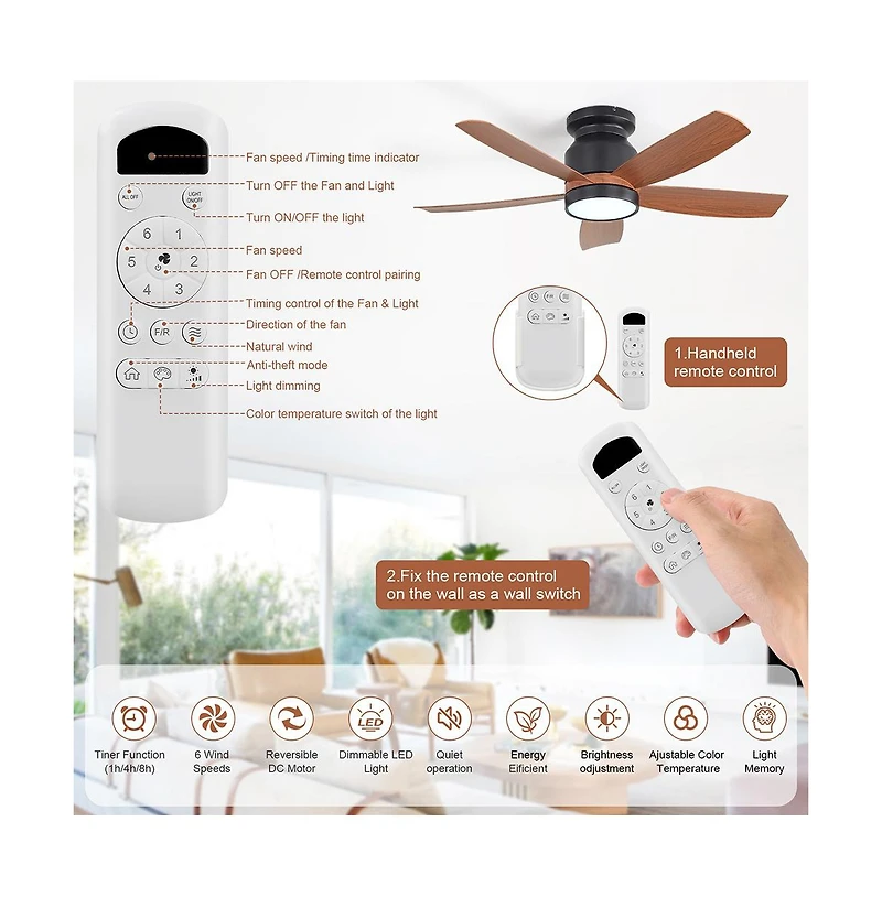 Sofucor 42-inch Modern 5-Blade Ceiling Fan Light with 6-Speed Adjustable Wind Speed