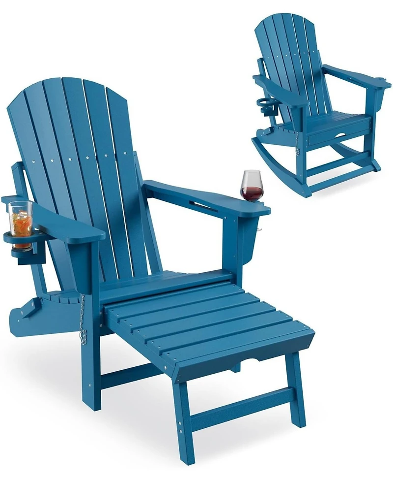 gaomon Folding Adirondack Rocking Chair with Retractable Ottoman and Cup Holders, Hdpe All-Weather Outdoor Chair for Porch