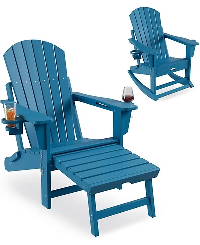 gaomon Folding Adirondack Rocking Chair with Retractable Ottoman and Cup Holders, Hdpe All-Weather Outdoor Chair for Porch