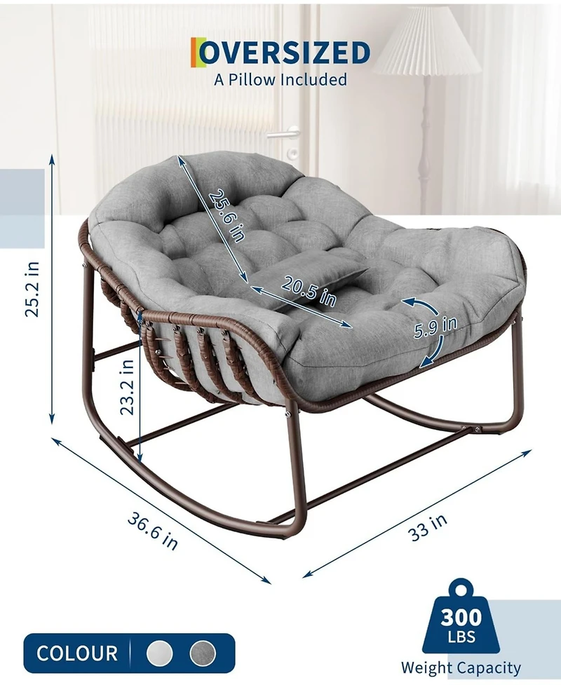 gaomon Outdoor Papasan Rocking Chair, Oversized Wicker Lounge Chair with Cushion and Metal Frame, Patio Rattan Egg Rocker for Balcony Backyard Porch