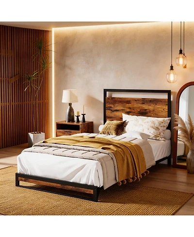 Homfan Metal Platform Bed Frame with Wooden Headboard and Footboard, Mattress Foundation, Easy to Assemble