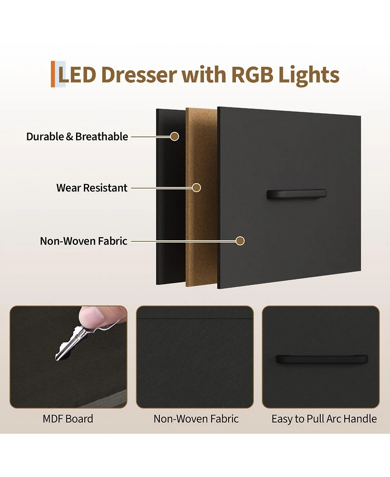 gaomon 49.2" Dresser with Hanging Rack and Led Lights, 6-Drawer Closet Organizer with Charging Station
