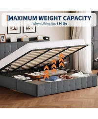 Homfan Lift Up Bed Frame, Upholstered Bed with Button Tufted Wingback Storage Headboard, Hydraulic Storage, No Box Spring Needed