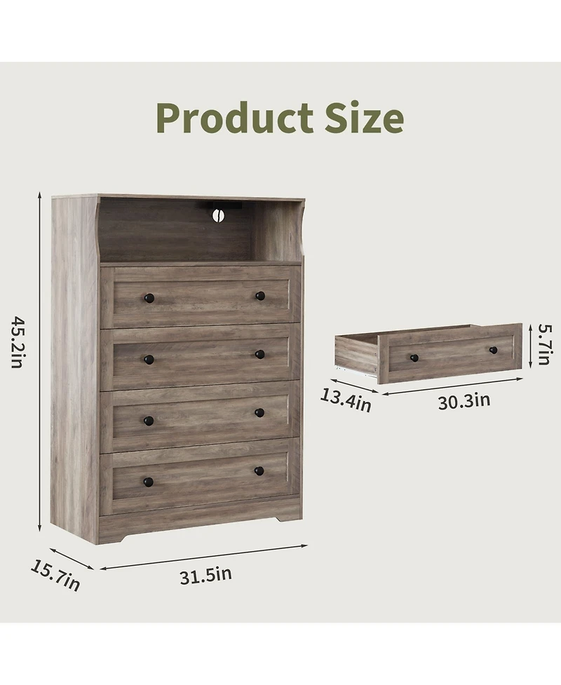 gaomon Tall Dresser for Bedroom with Led Lights and Charging Station, 4 Drawers Wood Chest of Drawers for Closet, Living Room