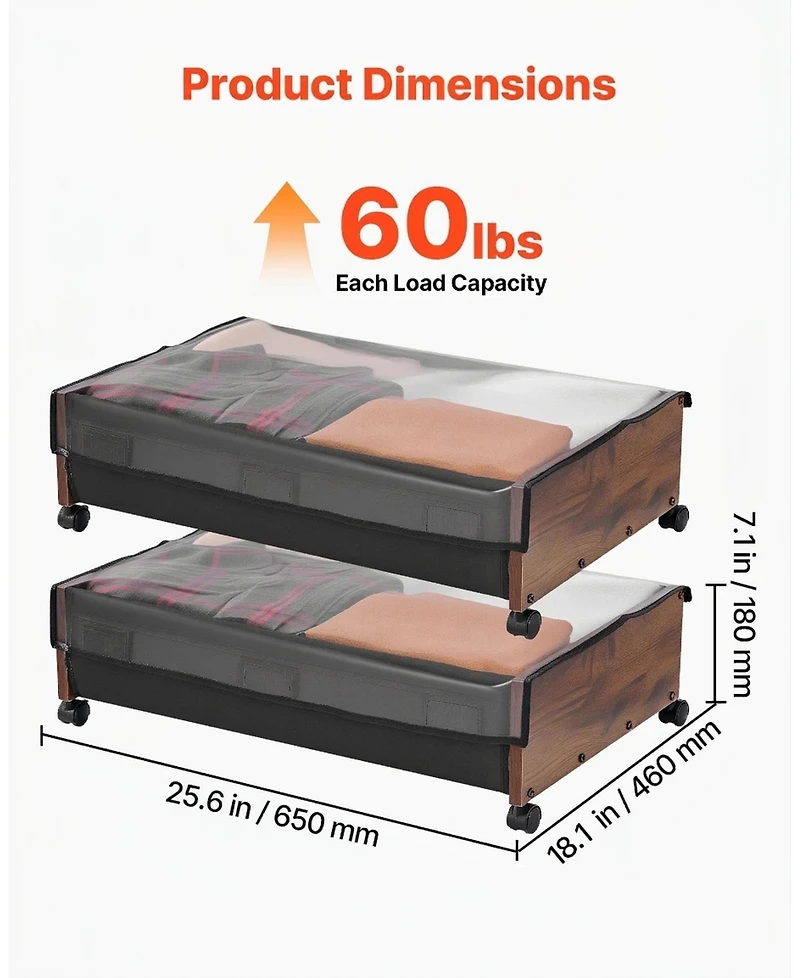 Sugift 2 Pack Under Bed Storage with Wheels 25.6in x 18.1in x 7.1in Clear Top
