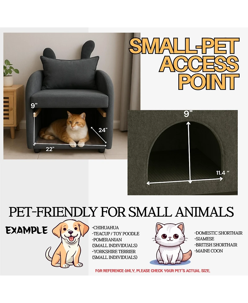 Zeus & Ruta Dark Bunny-Ear Cat Armchair Scratch-Resistant Fabric Built-in Hideaway Dual-Use Sofa with Side Pocket