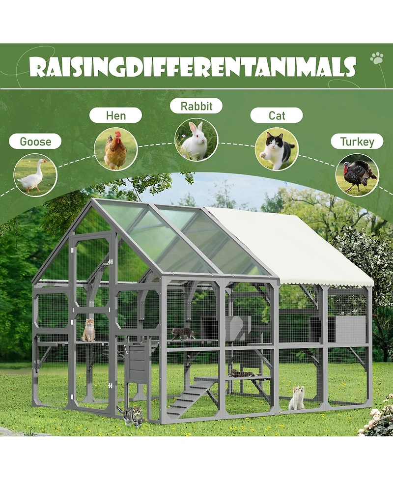 Zeus & Ruta Large Outdoor Cat Enclosure Wooden Shelter 7 Platforms 2 Resting Boxes 2 Bridges Waterproof Uv Proof Canopy