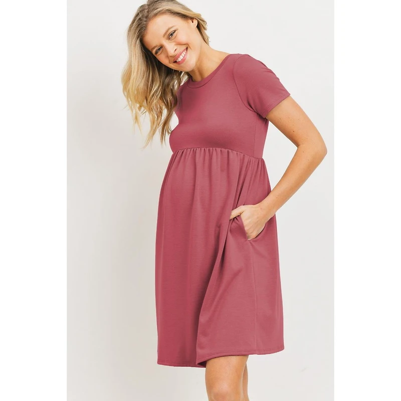 Hello Miz Maternity Crew Neck Empire Waist Mini T-Shirt Dress with Pockets