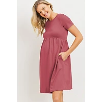Hello Miz Maternity Crew Neck Empire Waist Mini T-Shirt Dress with Pockets