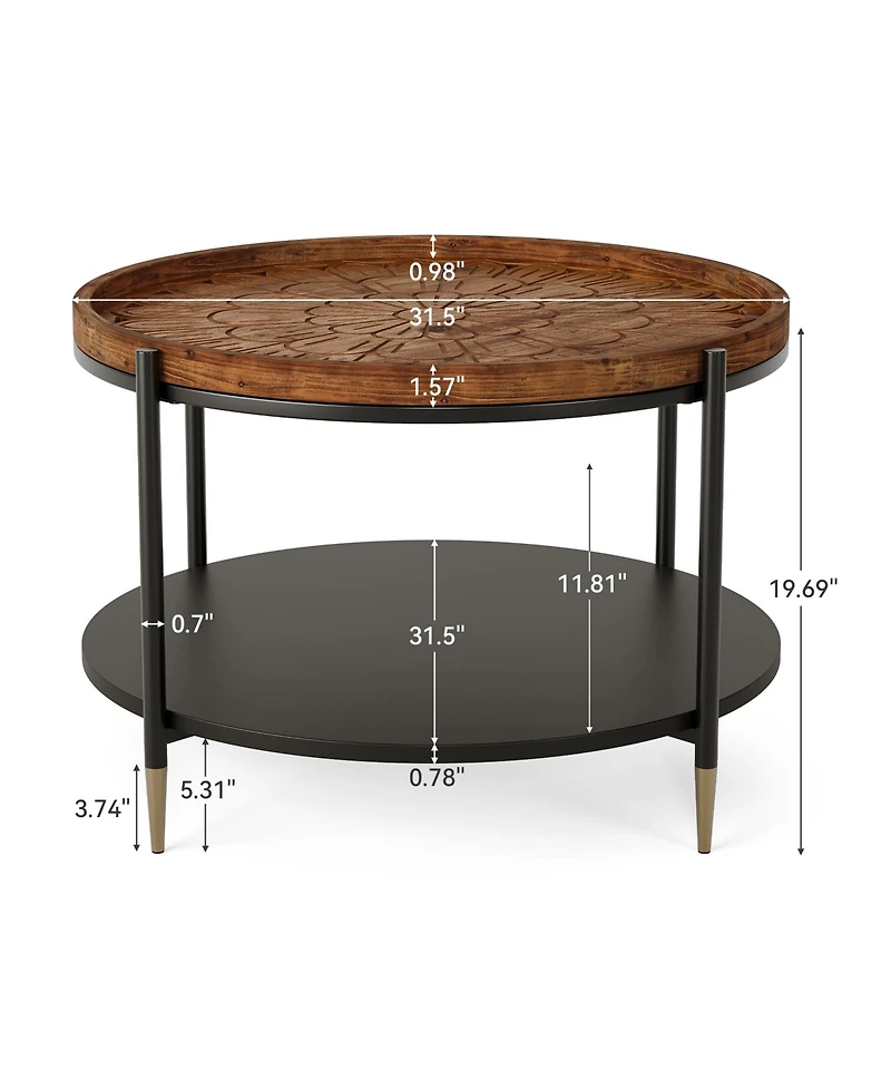 Tribesigns Solid Wood Round Coffee Table, 31.5-Inch Boho Center Tea Table with Metal Storage Frame and Carved Floral Pattern