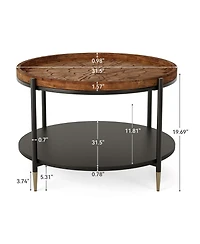 Tribesigns Solid Wood Round Coffee Table, 31.5-Inch Boho Center Tea Table with Metal Storage Frame and Carved Floral Pattern