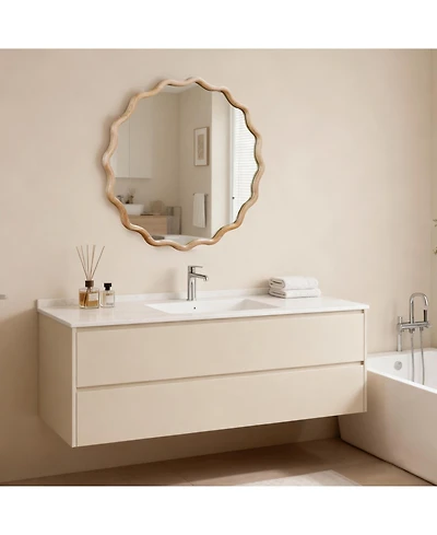 Busdays 30 Inch Wood Color Wavy Round Decorative Mirror, Solid Wood Frame for Bathroom Wall