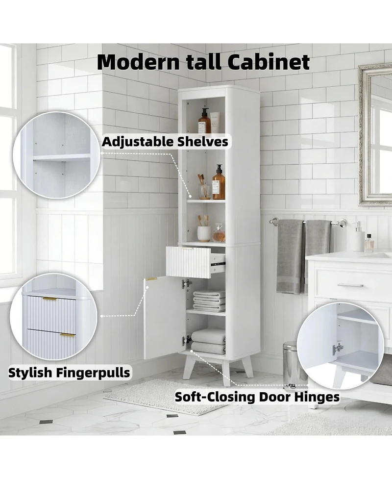 Busdays 68" Tall White Storage Cabinet with Drawer, Door and Adjustable Shelves